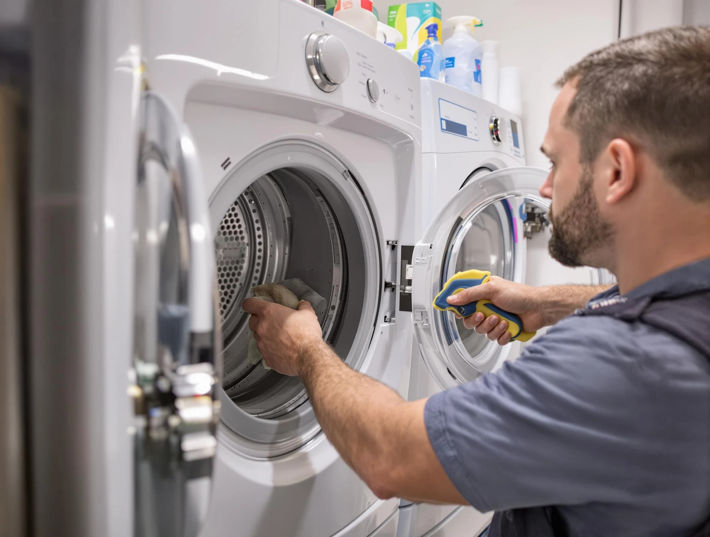 Riverside Dryer Vent Cleaning specialist removing lint buildup from a dryer lint trap system in Riverside