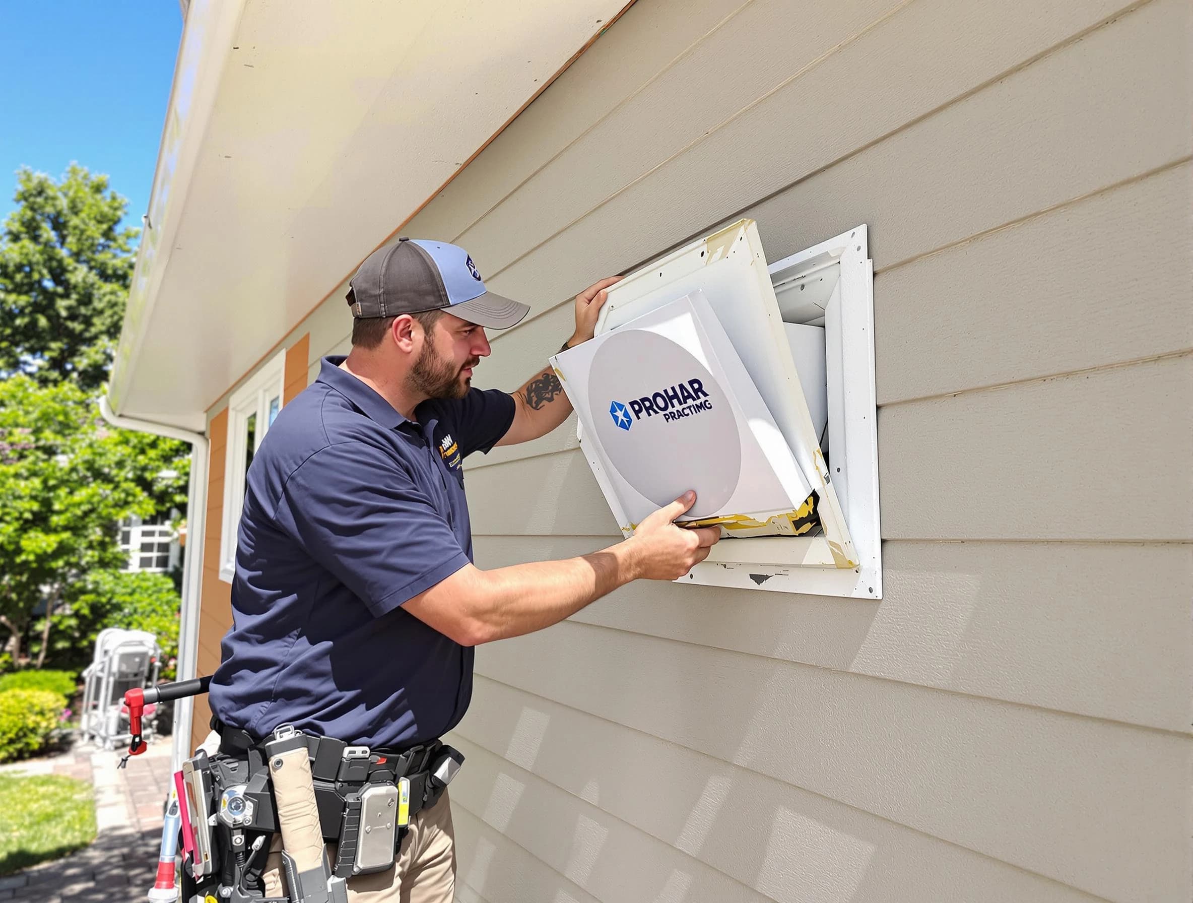 Riverside Dryer Vent Cleaning technician installing a new protective dryer vent cover on a home in Riverside