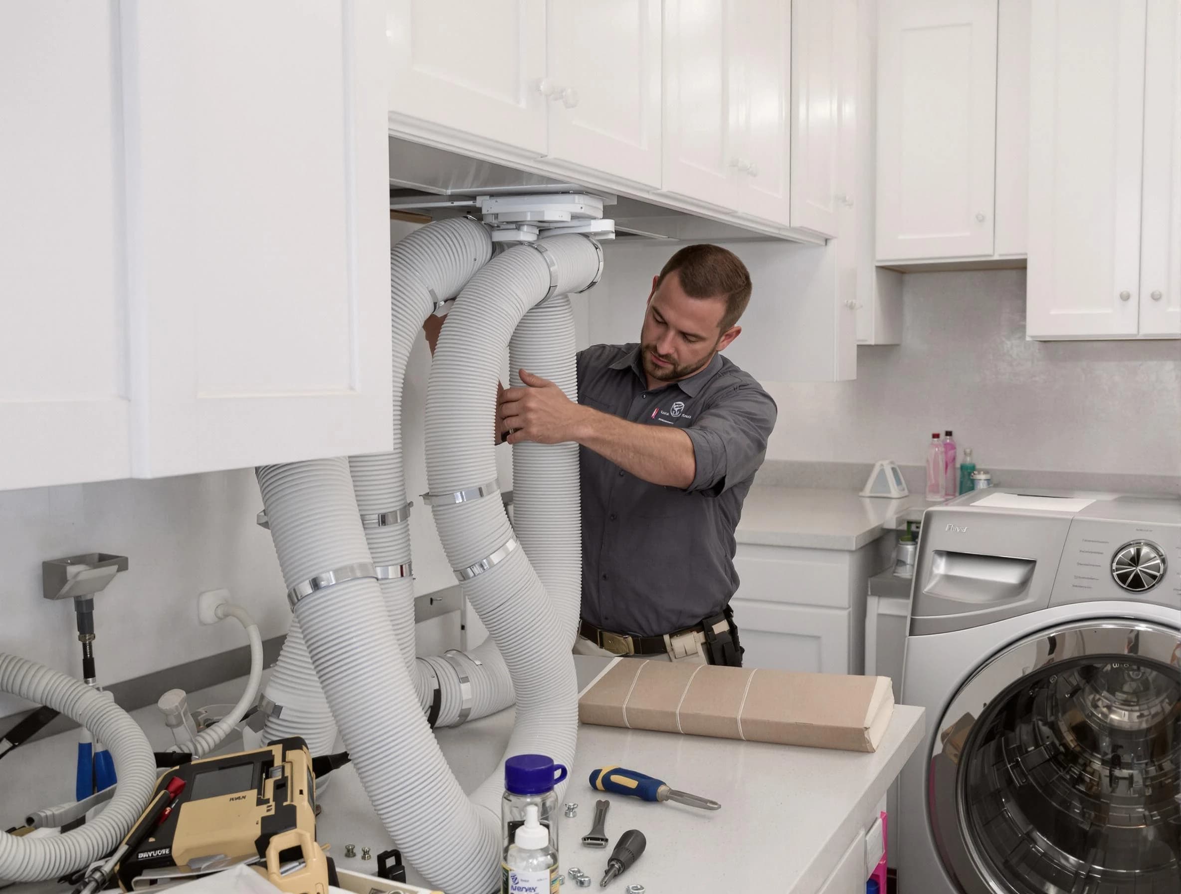 Riverside Dryer Vent Cleaning technician installing a new professional-grade dryer vent hose in Riverside