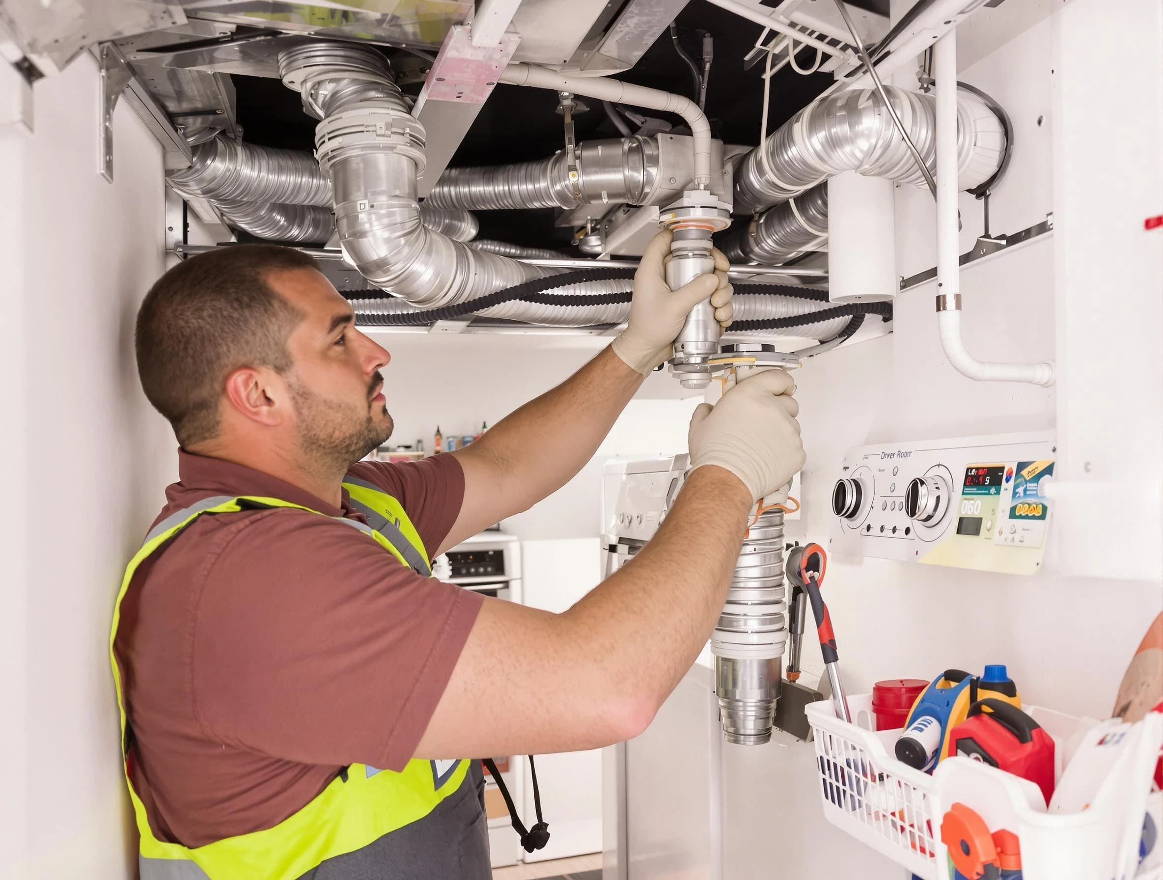 Riverside Dryer Vent Cleaning expert performing both repair and installation work on a dryer vent system in Riverside