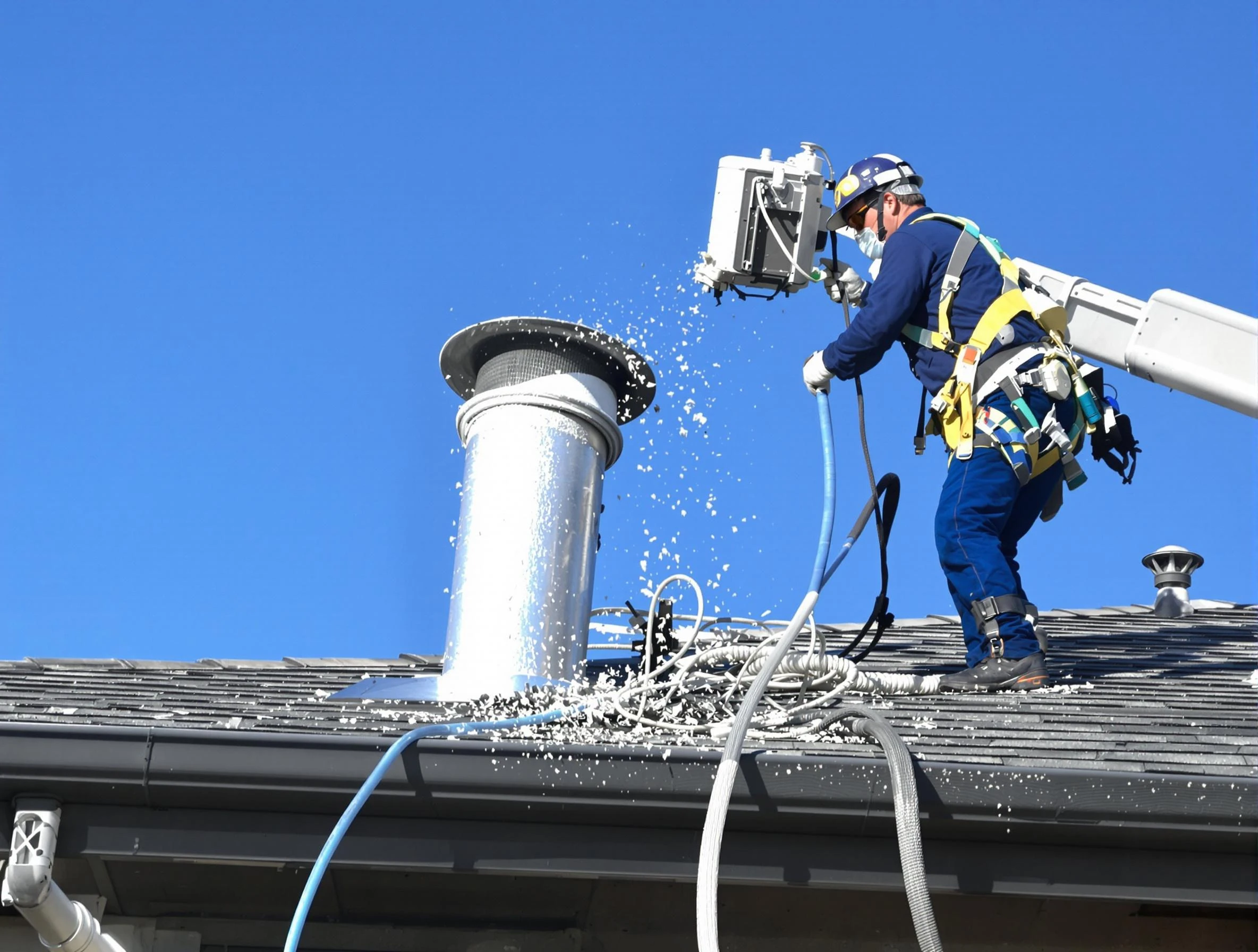 Riverside Dryer Vent Cleaning certified technician safely cleaning a roof-mounted dryer vent in Riverside