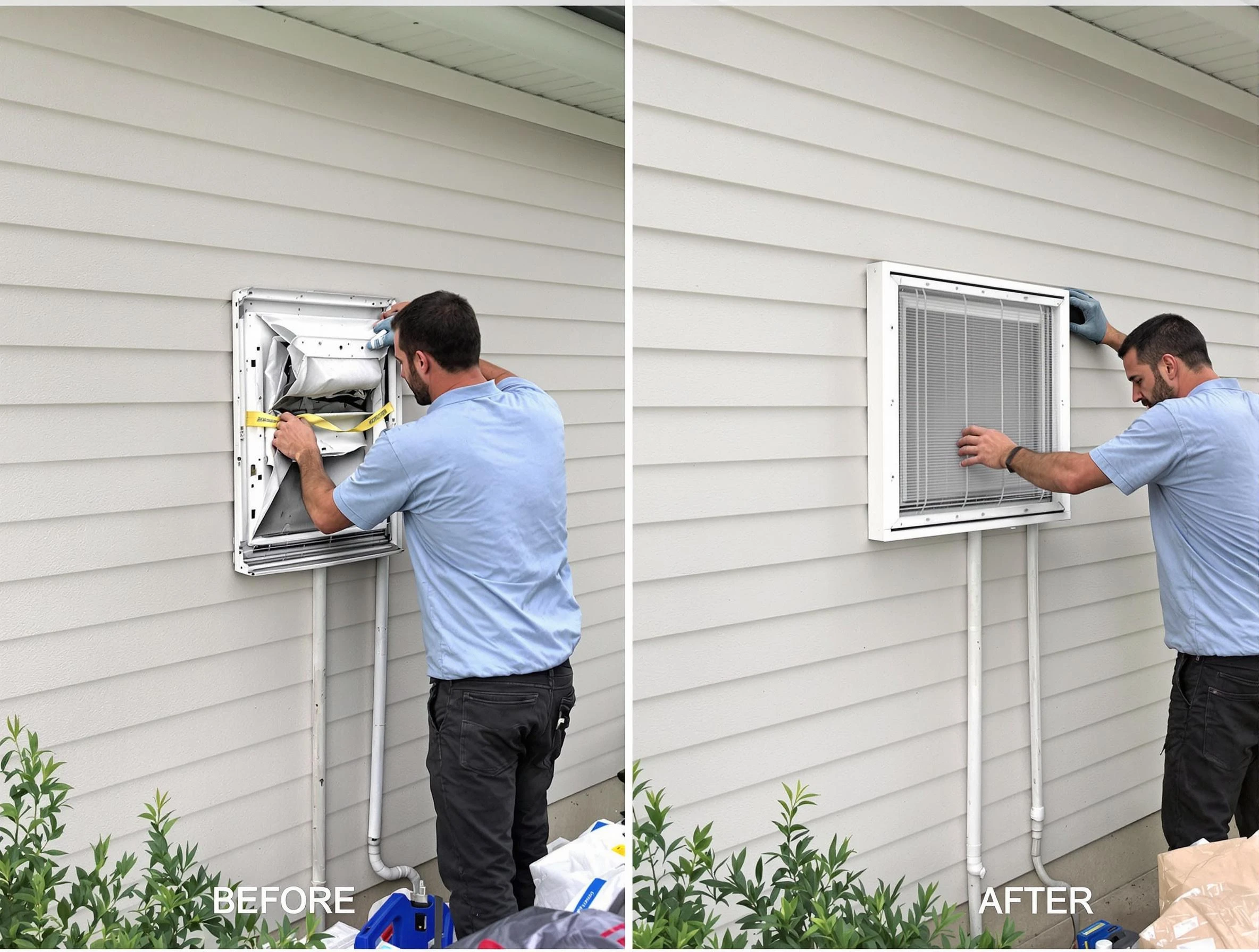 Riverside Dryer Vent Cleaning technician installing high-quality dryer vent cover at a residential property in Riverside